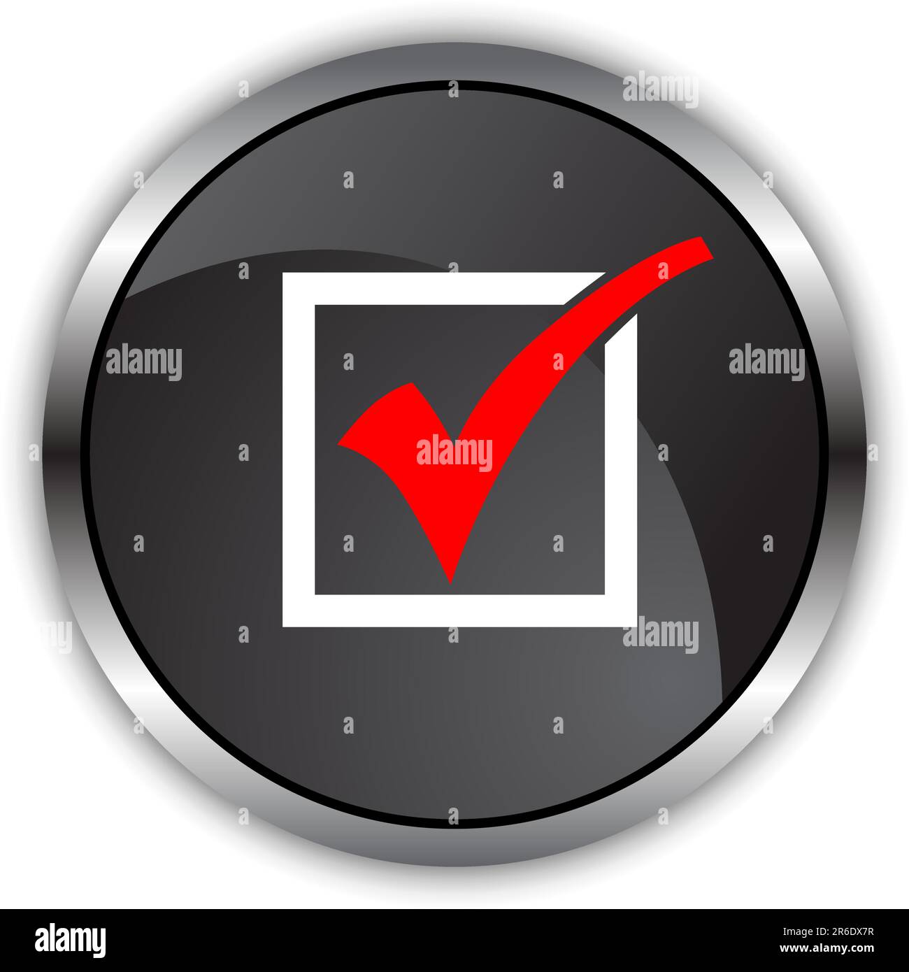 Red check mark in a black chrome button. Stock Vector