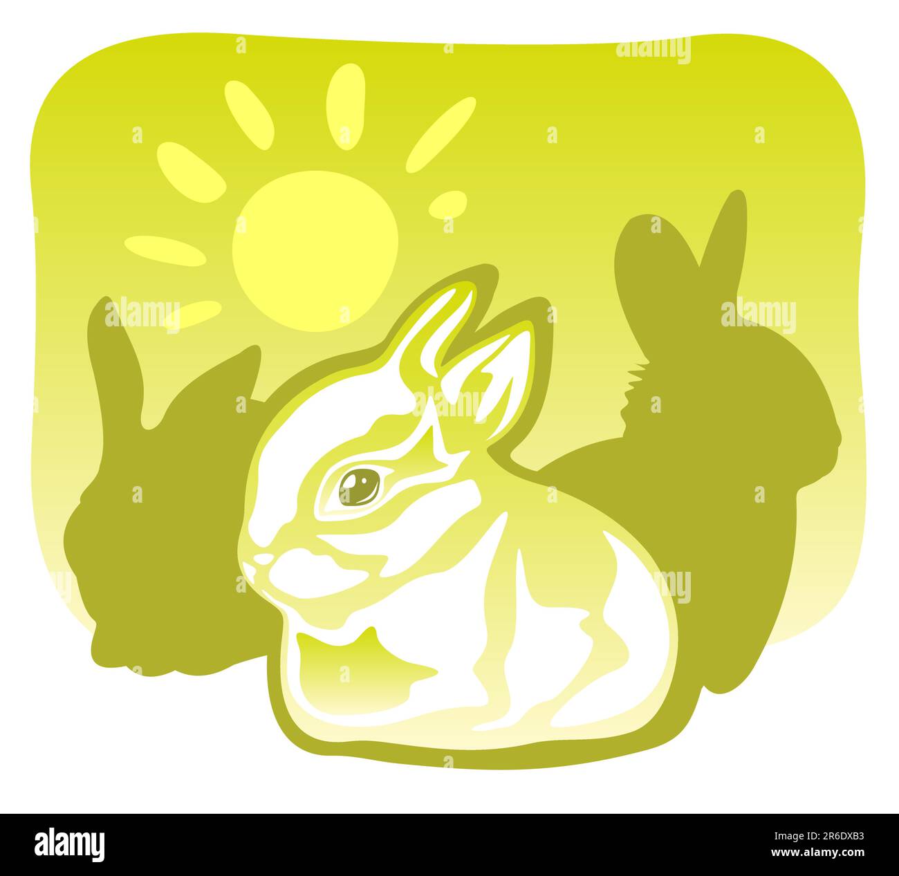 Three rabbits and sun on a green background. Stock Vector