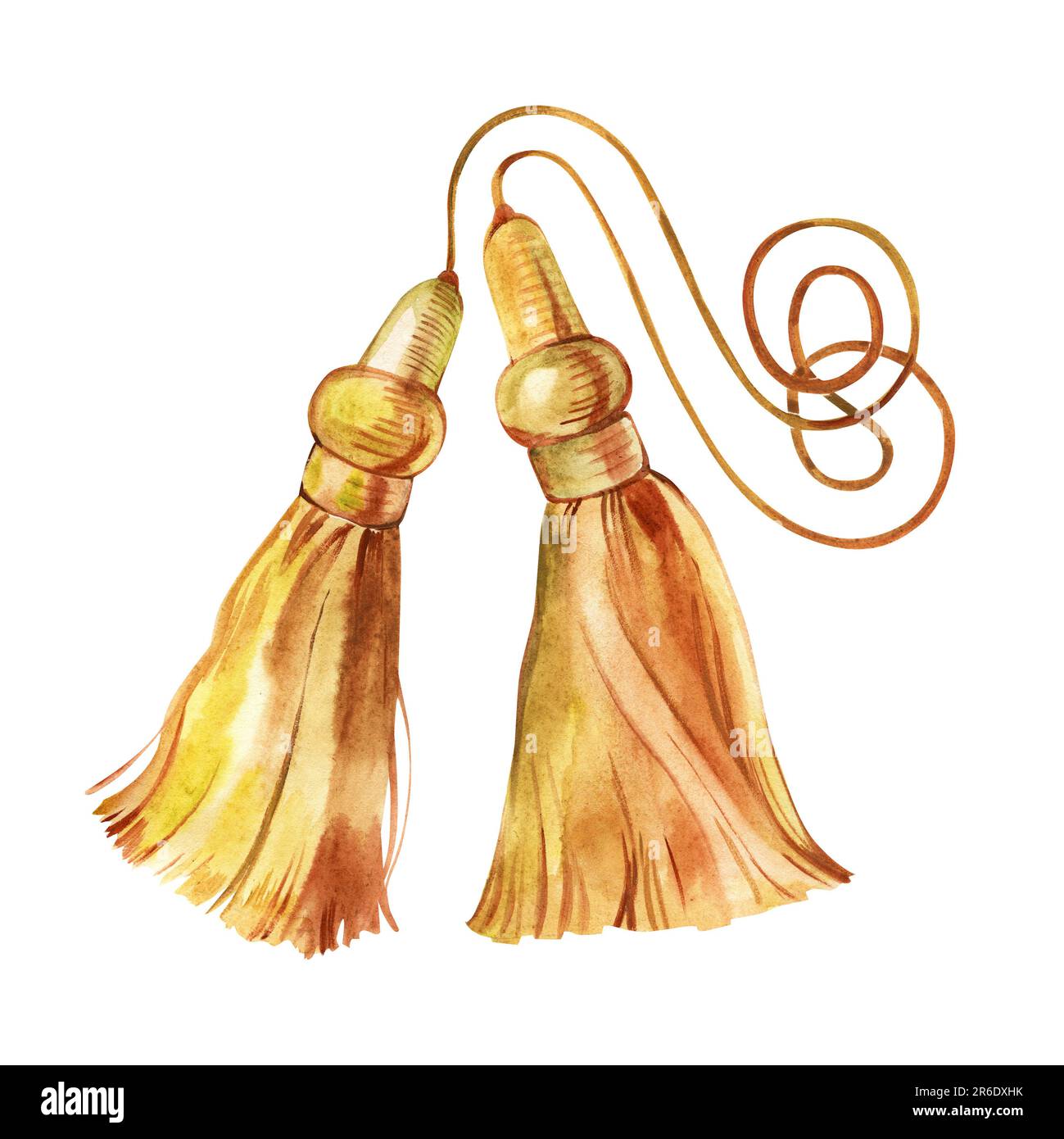 Baroque tassel. Watercolor gold tassels. Illustration isolated on a white background. Stock Photo