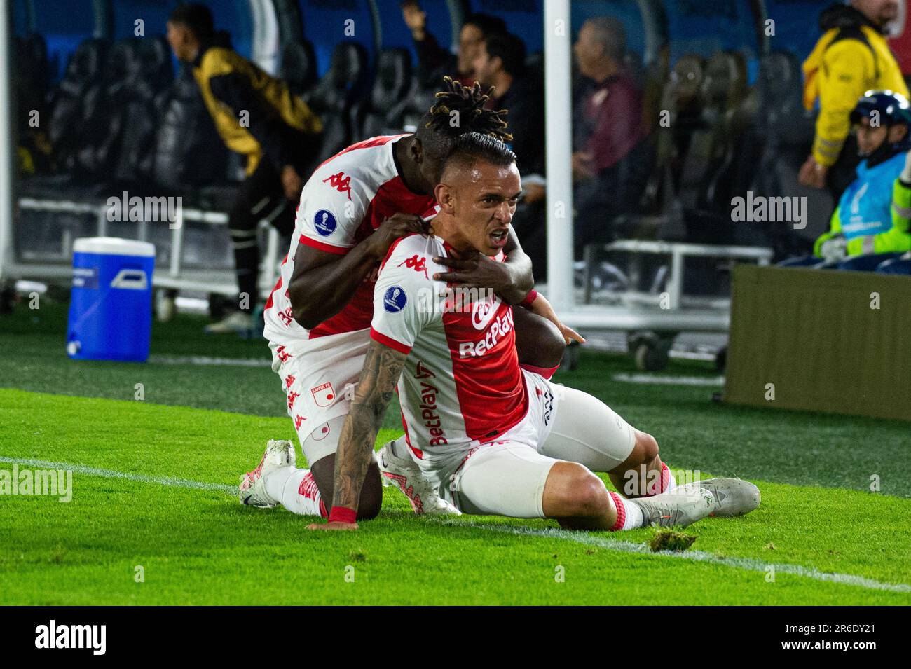 Bogota, Colombia. 08th June, 2023. Santa Fe's Neyder Moreno celebrates a goal during the Peru's Universitario (0) V. Colombia's Santa Fe (2) group phase match of the CONMEBOL Libertadores, in Bogota, Colombia June 9, 2023. Photo by: Sebastian Barros/Long Visual Press Credit: Long Visual Press/Alamy Live News Stock Photo