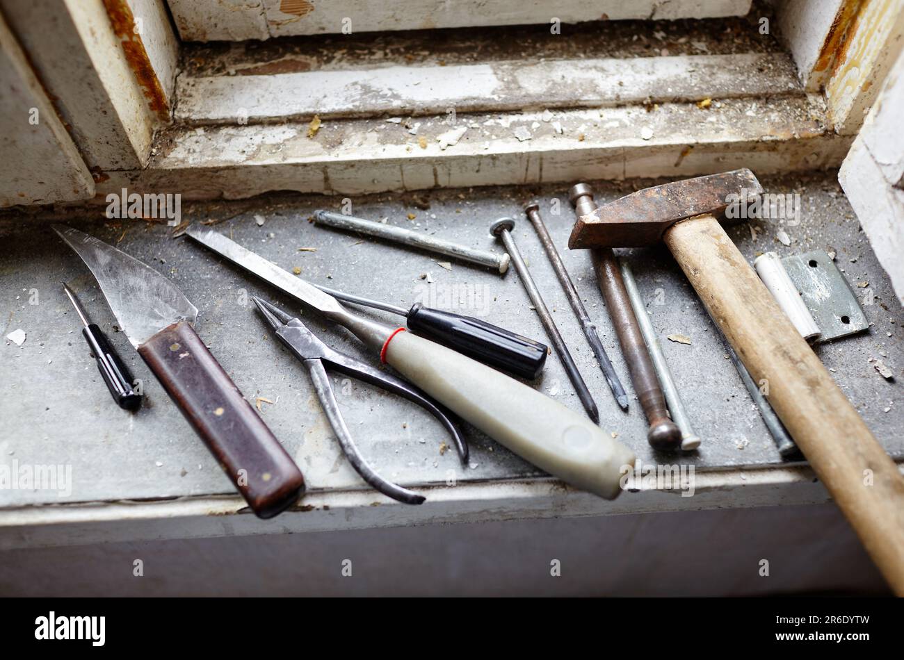 Repairing old damaged window or dismantling before installing new, closeup. Repairing a window