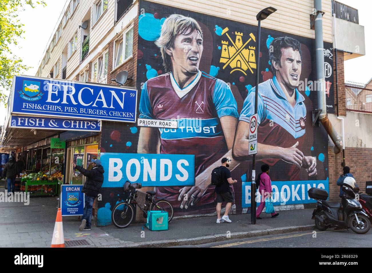 Large mural street art painting of Billy Bonds and Trevor Brooking in Newham near the old West Ham Utd football ground Upton Park Stock Photo
