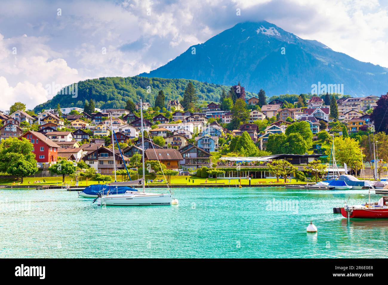 View of houses and marina in Spiez with Niesen peak in the background