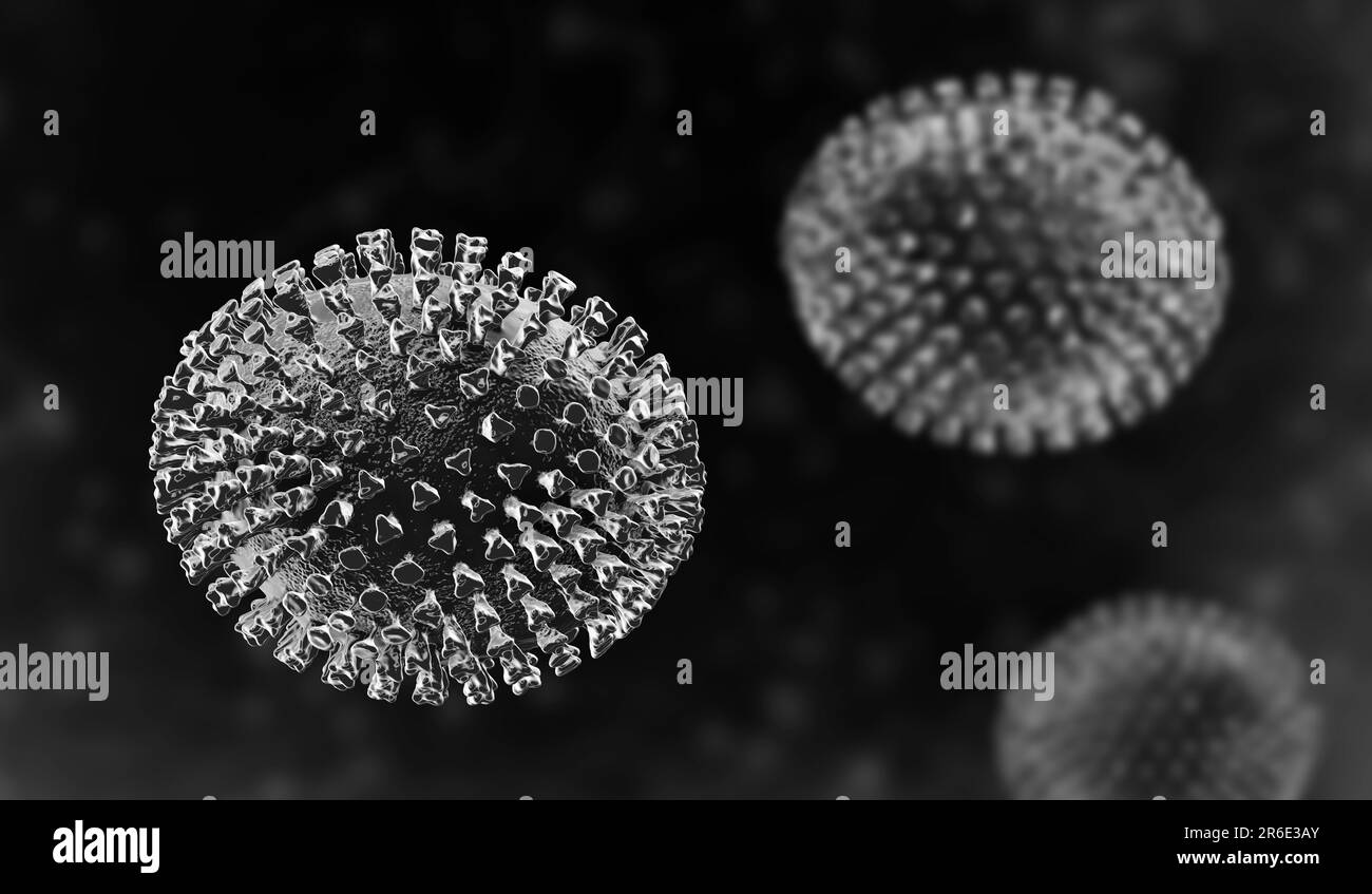 Flu viruses, computer illustration. Each virus consists of a core of RNA (ribonucleic acid) genetic material surrounded by a protein coat. Embedded in Stock Photo