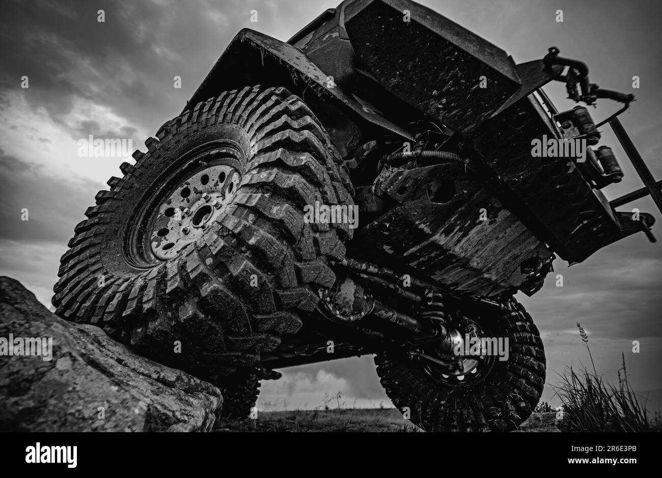 Car tires concept on off road. Shock absorber. Travel and racing