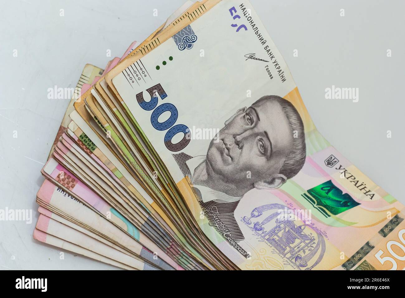 Money of Ukraine. Background of Ukrainian hryvnia banknotes. Hryvnia 500, 200. Uah. Money and saving concept. Stock Photo