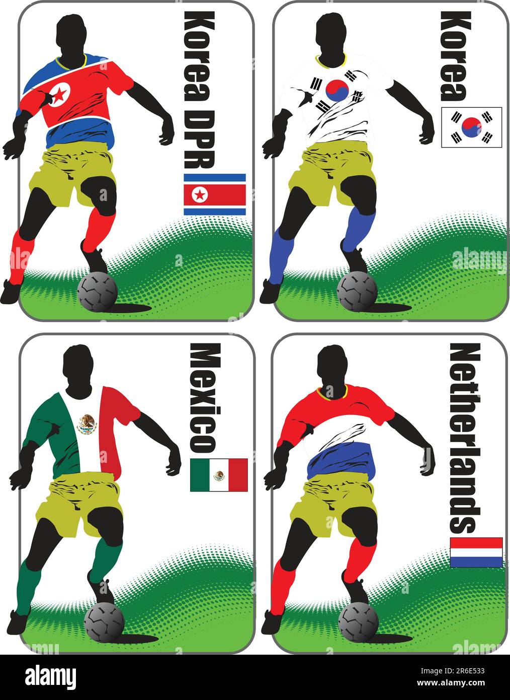 Finals of the World Soccer Cup 2010. 32 teams in T-shirts of the national flags. Korea DPR, Korea, Mexico, Nederland Stock Vector