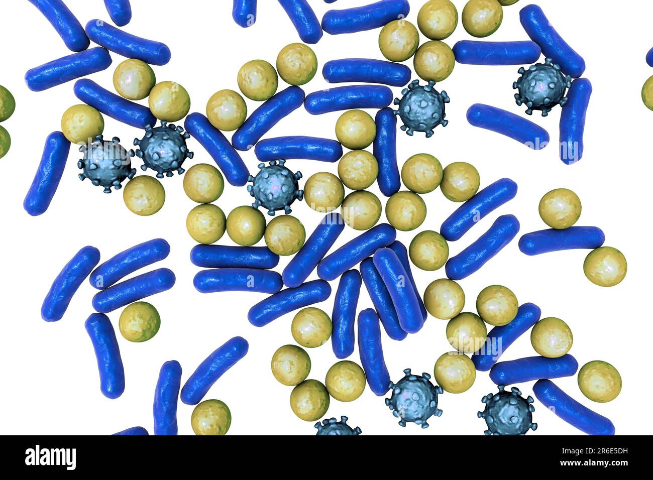 Bacteria and viruses of different shapes, computer illustration Stock