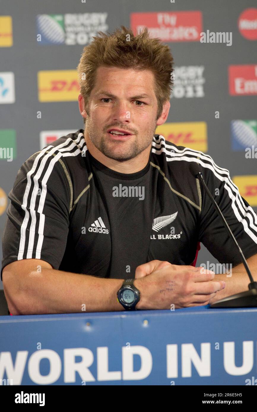 Captain Richie McCaw at a media conference after New Zealand's Rugby World Cup Team captain's run prior to the opening match against Tonga, Eden Park, Auckland, New Zealand, Thursday, September 08, 2011. Stock Photo