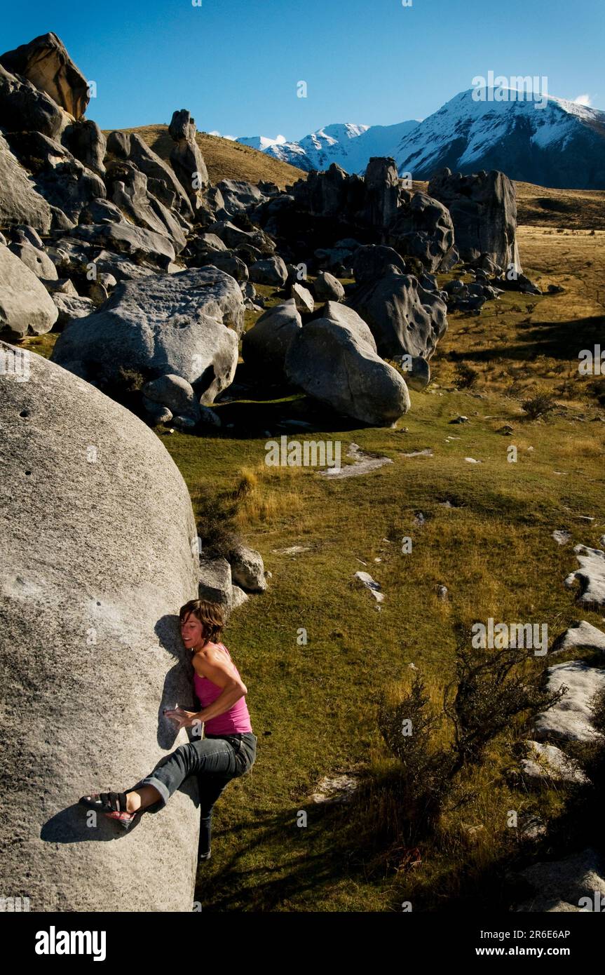 A young woman rock climber struggles up the smooth lip of a limestone boulder in Castle Hill, New Zealand. Stock Photo