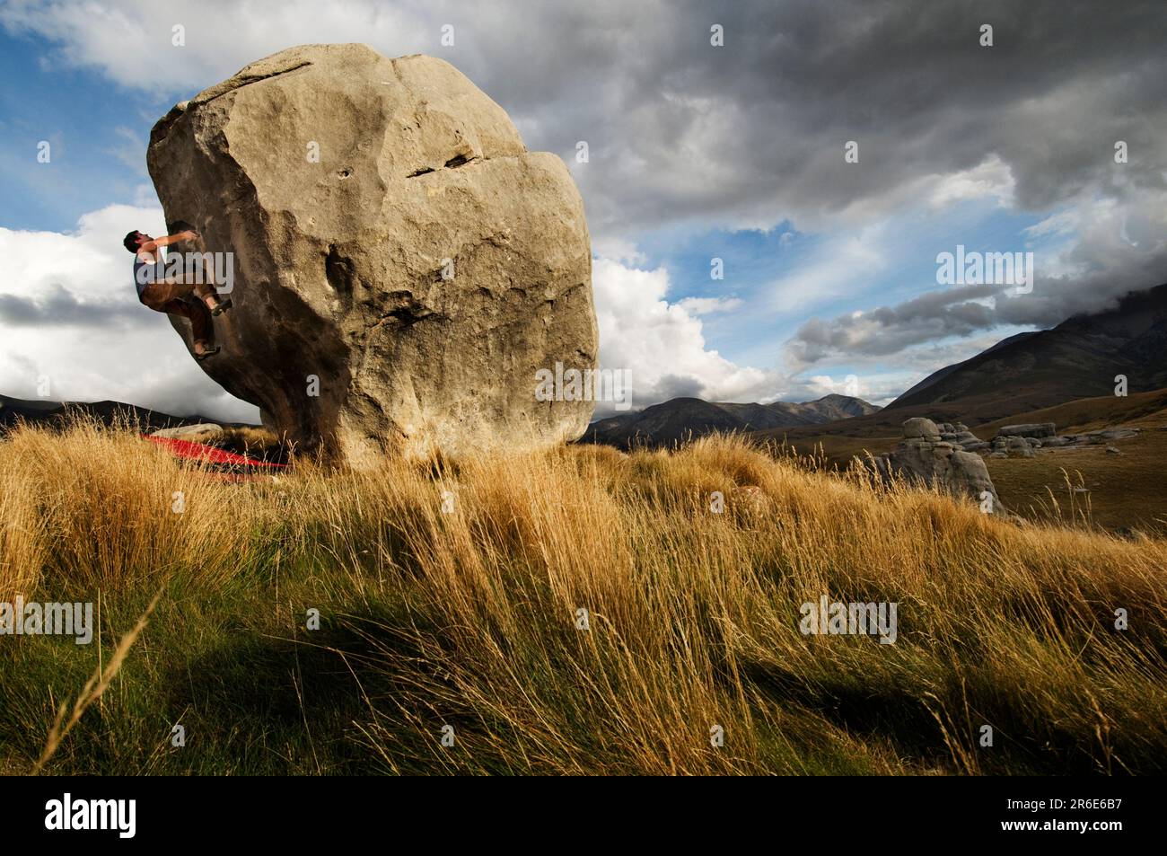 Young man climbing a boulder surrounded by tall grass and mountains in the Castle Hill Basin, New Zealand. Stock Photo