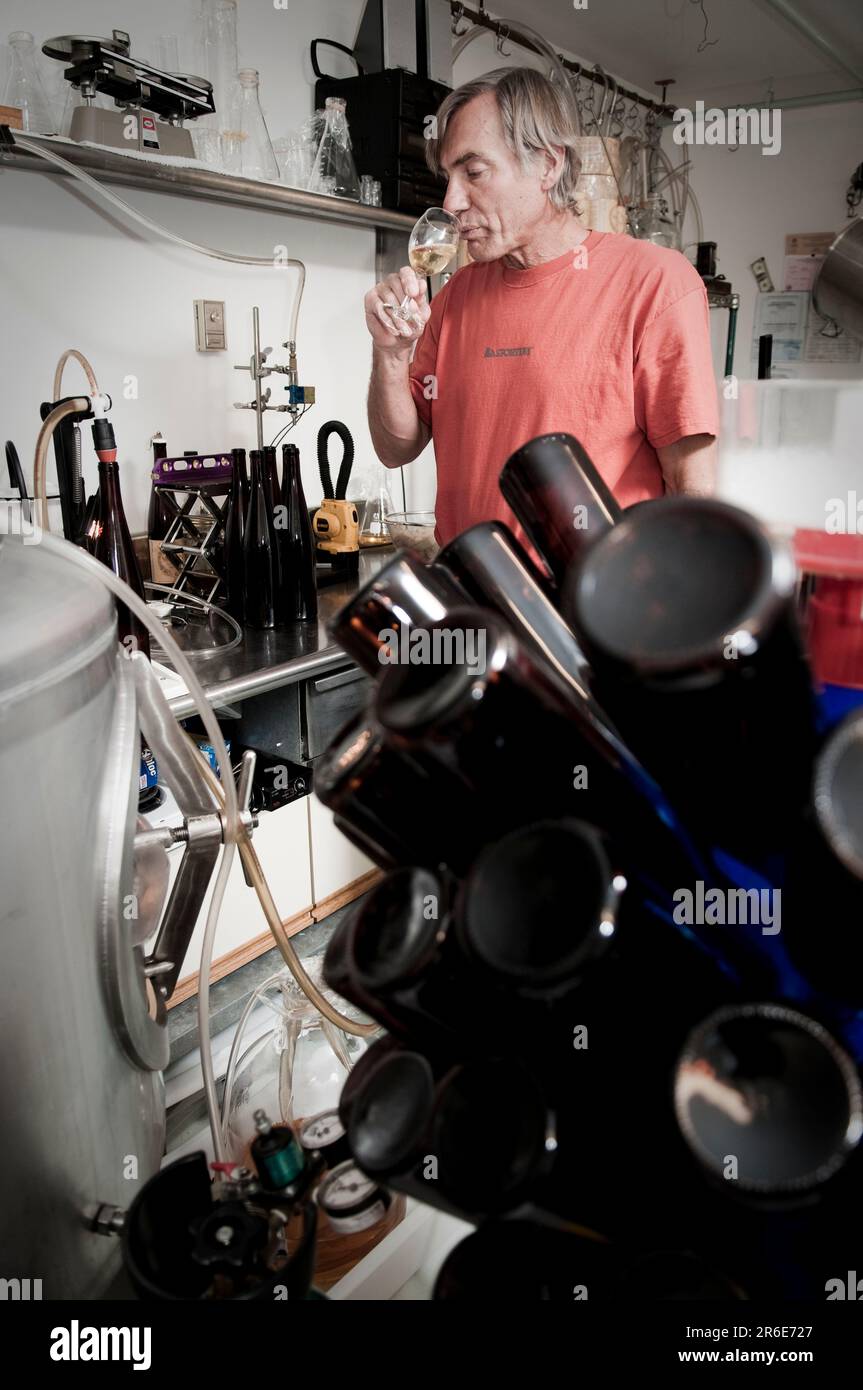 A MeadMaker tastes his Mead as it is being put into bottles Stock