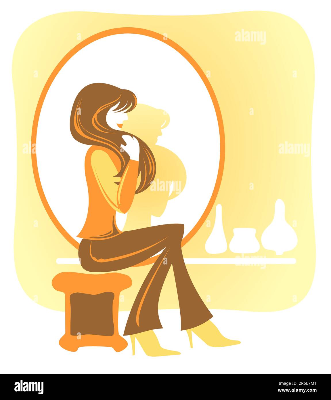 Pretty long-haired girl sitting near a mirror. Stock Vector