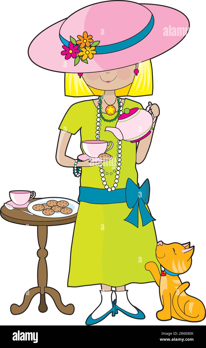 Little girl dressed in her mother's clothes and pouring a cup of tea into a cup. A marmalade cat is looking up at her waiting for a treat. Stock Vector