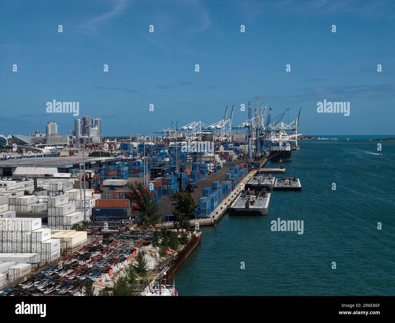Shipping Containers in bulk stacks and sections - Miami Port USA. Views of stacked containers in the container handling section of Miami Harbor Stock Photo