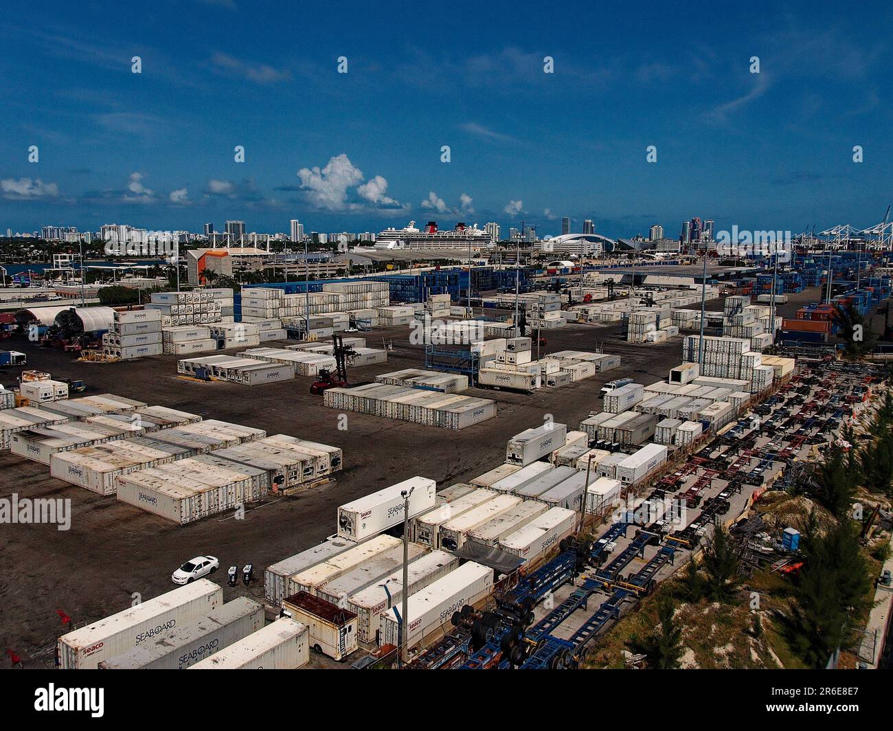 Shipping Containers in bulk stacks and sections - Miami Port USA. Views of stacked containers in the container handling section of Miami Harbor Stock Photo