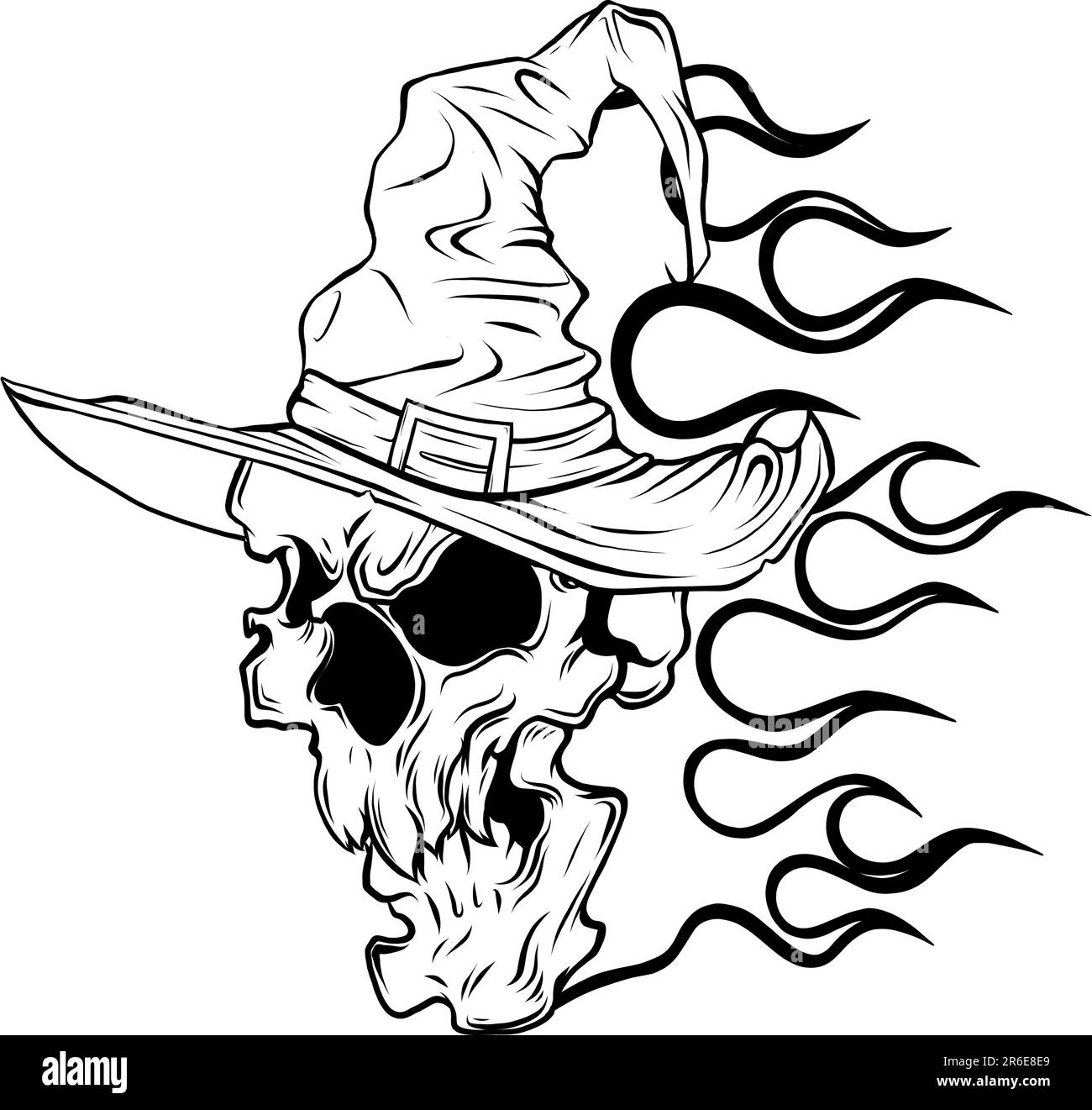 Monochrome skull with witch hat on flames vector illustration Stock ...