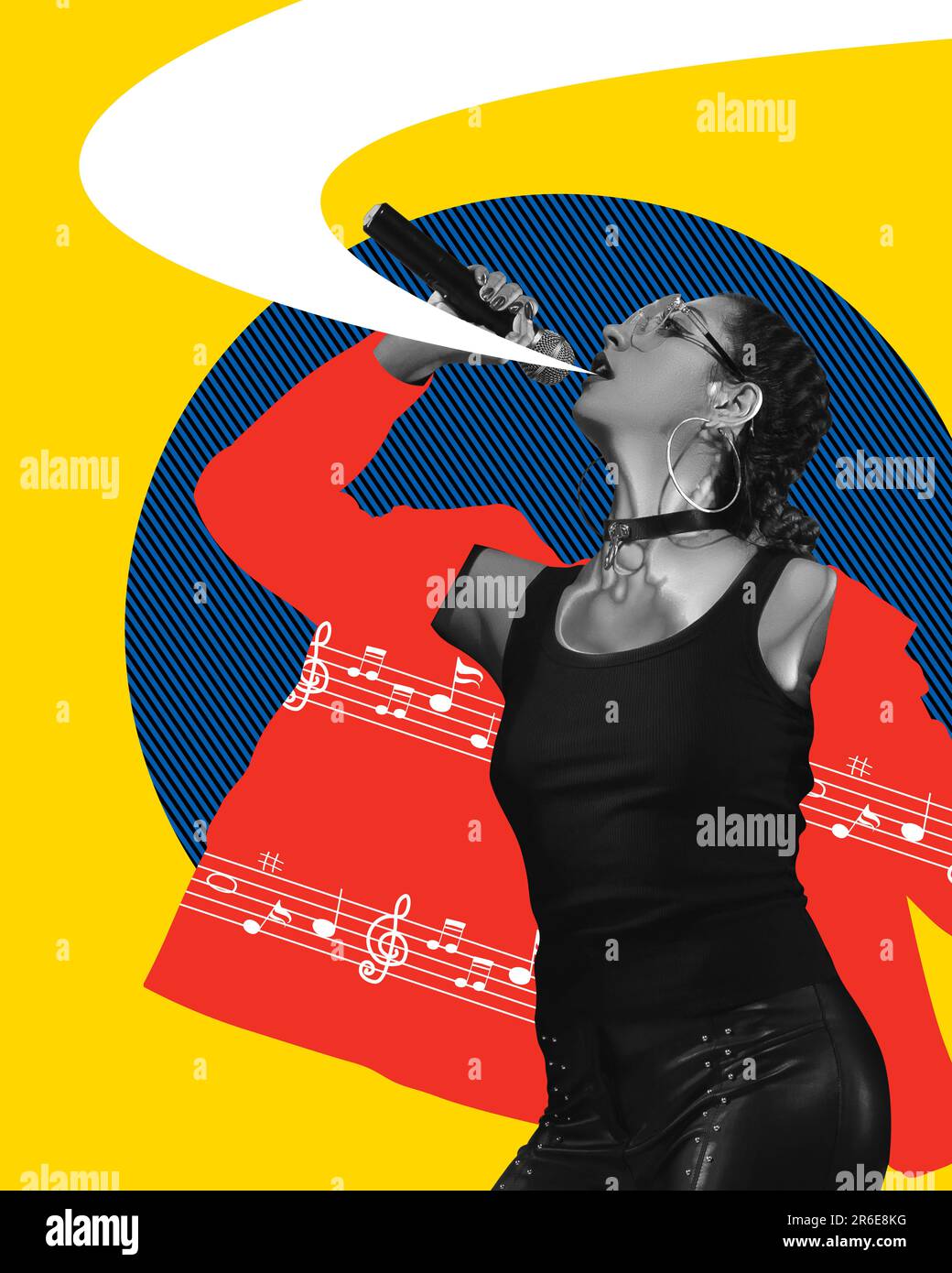 Rock and roll. Young woman singing, making performance against ...