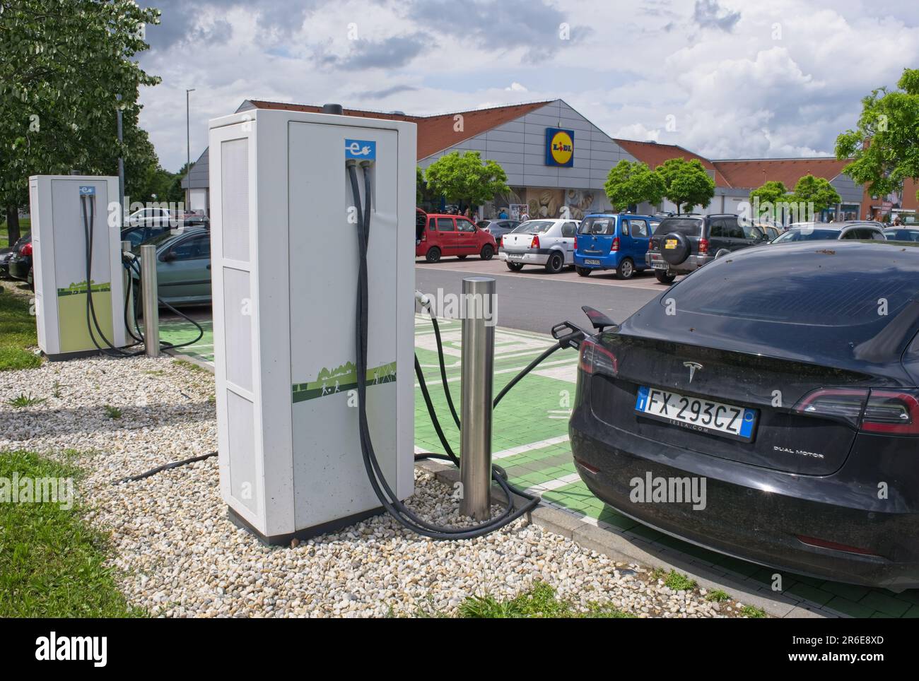 Kaposvar, Hungary Jun 7, 2023 A static shot of a solid black Tesla