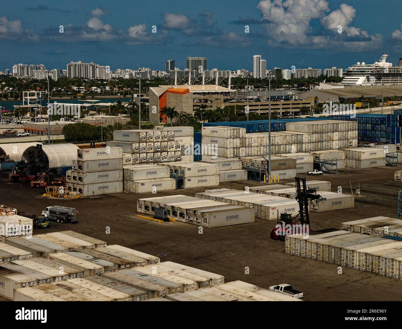Shipping Containers in bulk stacks and sections - Miami Port USA. Views of stacked containers in the container handling section of Miami Harbor Stock Photo