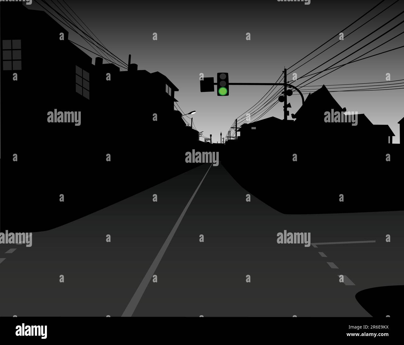 Editable vector design of green traffic light over a dark and empty