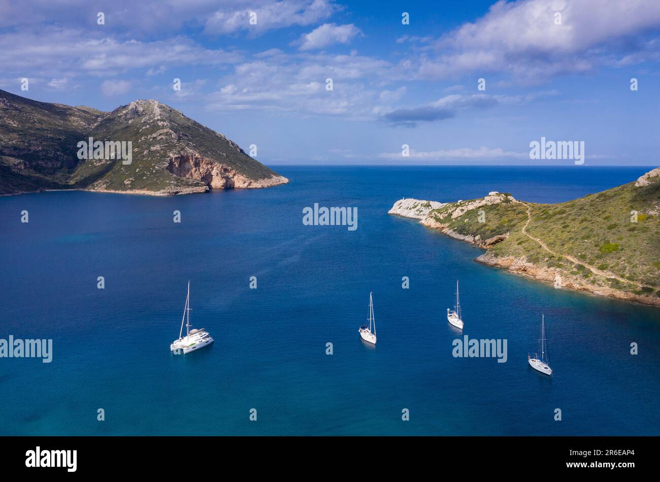 Porto Cagio bay with sailboats in Greece Stock Photo