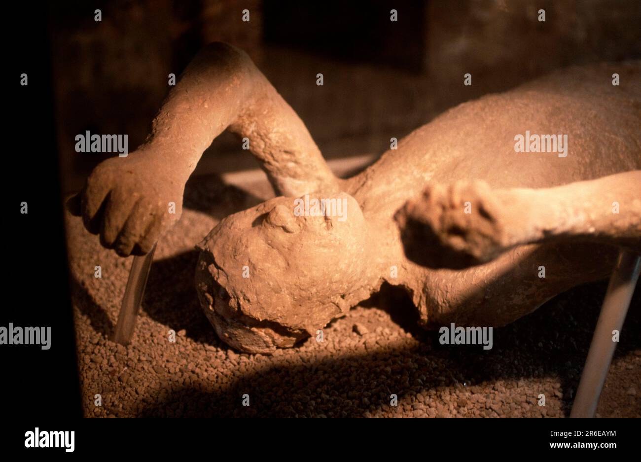 Plaster cast of a human found at excavation, Pompeii, Italy, Plaster cast of a human found at excavation, Pompeii, Italy, Europe, landscape format Stock Photo