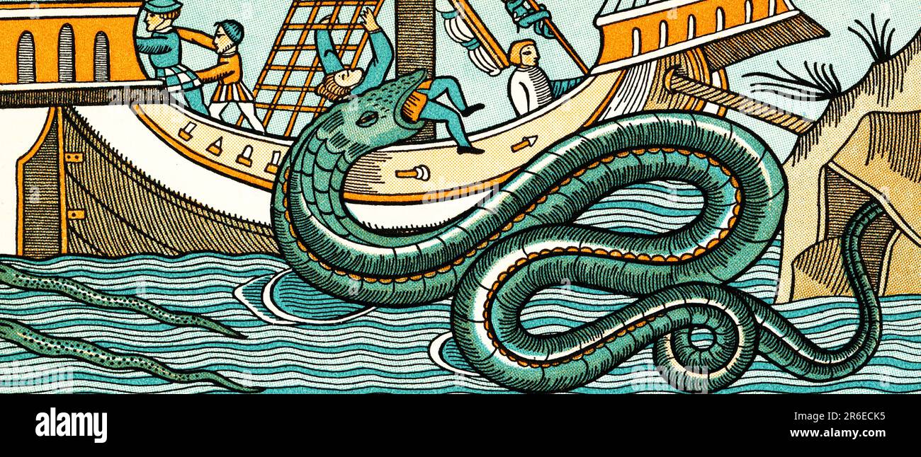 A sea serpent, 1555. An illustration from Historia de Gentibus Septentrionalibus (A Description of the Northern Peoples) by Olaus Magnus (1490-1557). Stock Photo