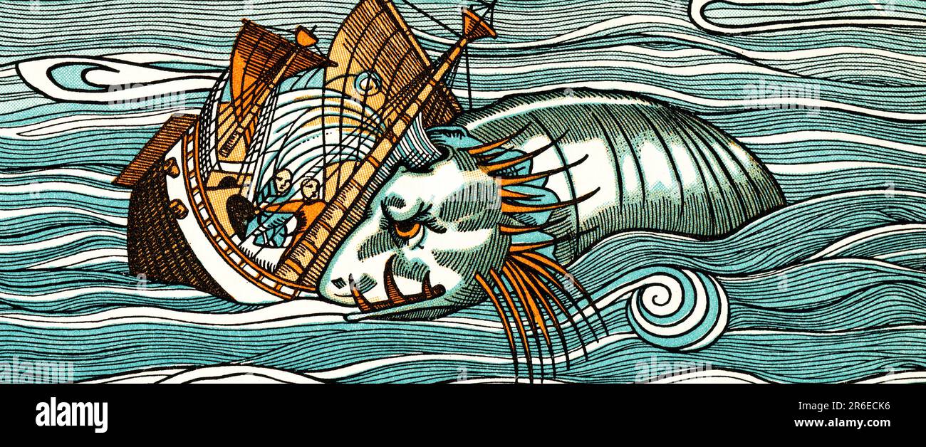 A Prister attacking a ship, 1555. Pristers are found in multiple forms throughout Carta Marina and in many subsequent publications. Magnus actually identified these beasts as whales. An illustration from Historia de Gentibus Septentrionalibus (A Description of the Northern Peoples) by Olaus Magnus (1490-1557). Stock Photo