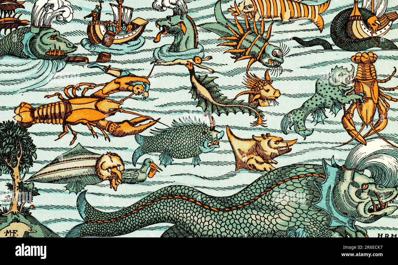 A detail showing sea monsters from the Cosmographia, 1544, by Sebastian Münster (1488-1552). Cosmographia, 1544, is the earliest German-language description of the world. It also contains the earliest preserved text in the Latvian language. Stock Photo