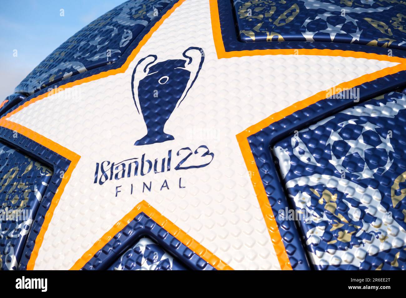 Close up Istanbul 2023 Champions League final logo on the ball. Selective focus area. Stock Photo