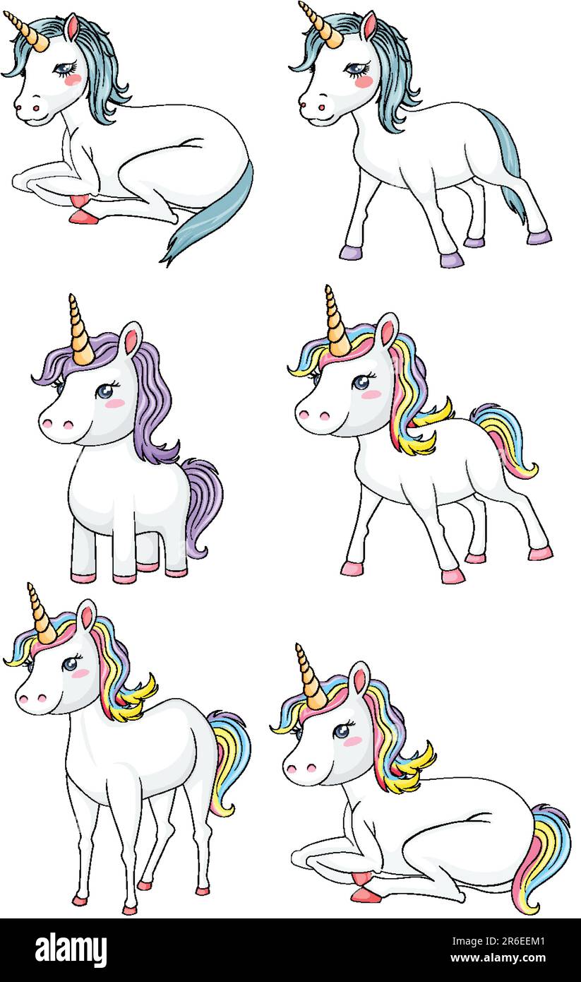 Set of simple unicorn outline with rainbow color illustration Stock