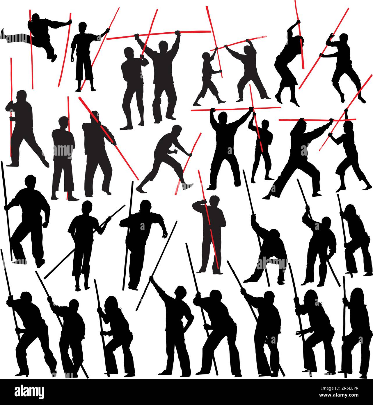 Fighting with sticks. Set of vector silhouettes. Stock Vector