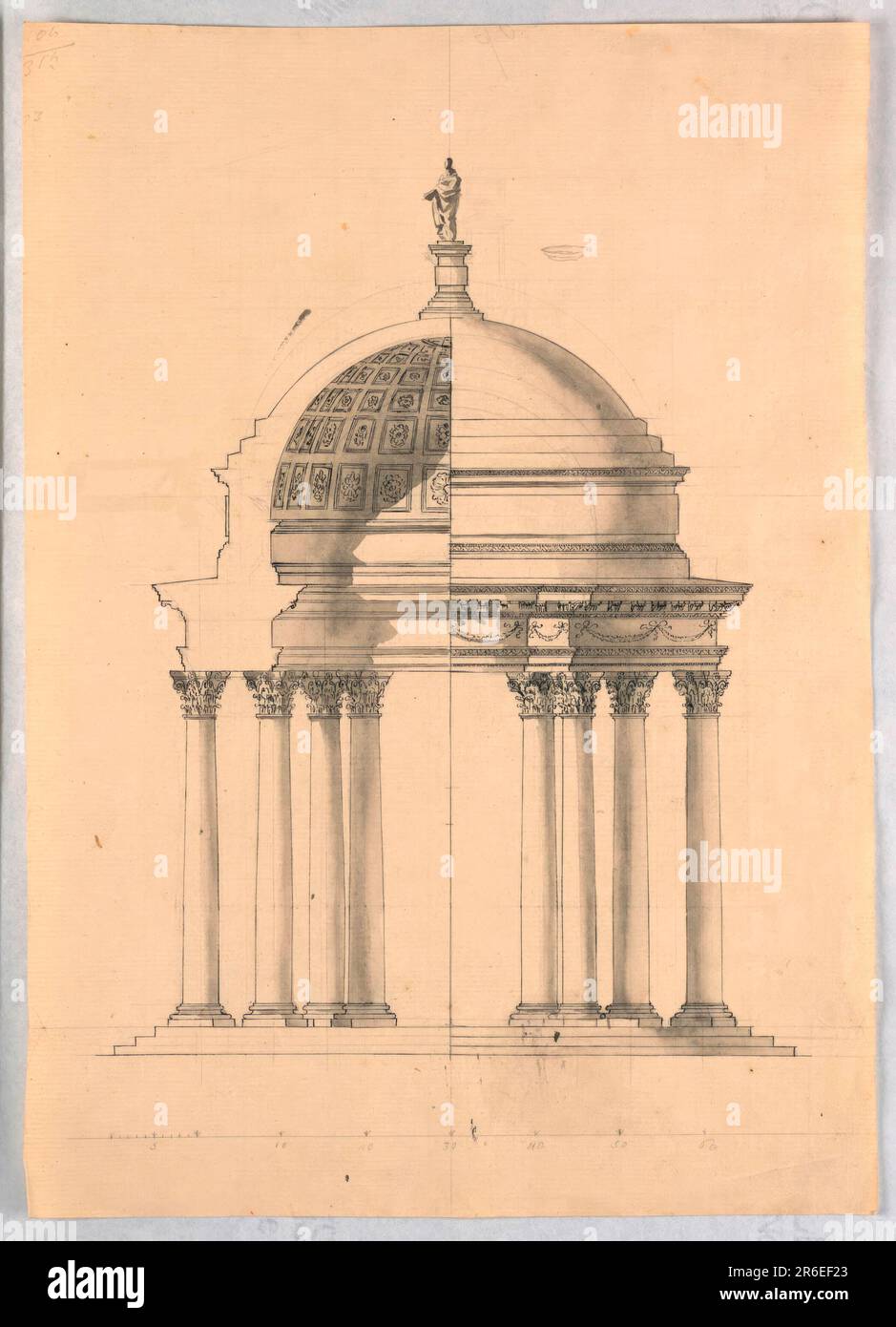 Right half: the elevation. Left half: the section. Four pairs of oclumns support the entablature and the dome, which is coffered at the inside. A statue on top. Underneath, the scale. Right top corner: a part of an account. Reverse: very rough and slight chalk sketch: colonnades, probably a stage design. Horizontally: a window frame, shown obliquely. Date: 1775-1785. Pen and brown ink, brush and brown wash, graphite on off-white laid paper; Verso: black chalk, brush and bistre wash on paper. Museum: Cooper Hewitt, Smithsonian Design Museum. Stock Photo