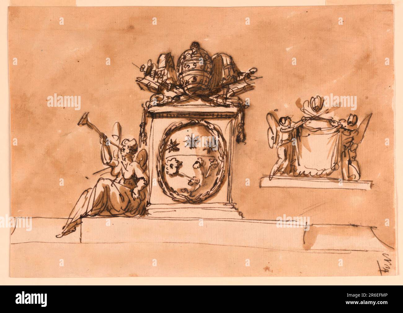 Upon a broad base rises a pedestal in the center, with the coat of arms of the pope in a wreath at the front. On top the keys and the tiara. At left, upon the base, sits a winged female genius, blowing the trumpet. At right is a sketch: two winged figures standing upon a base support a drapery and the two crossed keys. On top the tiara. Usual background. Pen and brown ink, brush and brown wash. Date: ca. 1786. Museum: Cooper Hewitt, Smithsonian Design Museum. Stock Photo