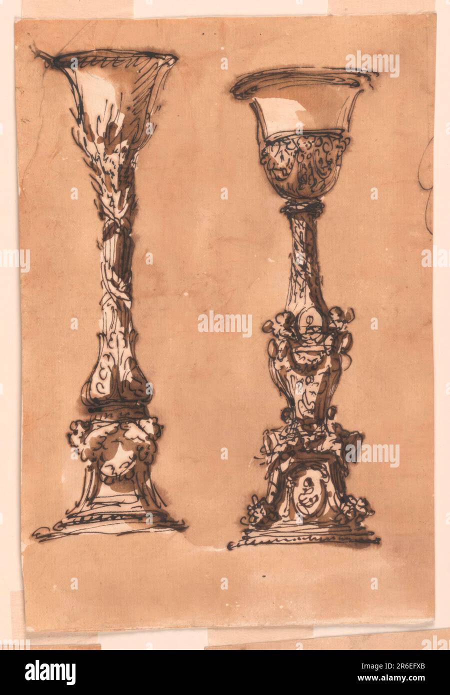 At left, a variation of 1901-39-1165. 1) The pedestal is decorated with festoons supported by cherubim at the corners. The stem is slimmer, the bowl without the upper motif. At right: the pedestal is angular, with inverse cornucopiae at the edges. In the front is an oval medallion. Above upon the corners sit figures. The stem has the shape of a baluster with a band above the spot with the biggest diameter. Upon it sit two angels supporting an oval medallion. The are connected by a festoon. The lower part of the bowl is decorated with festoons, supported by cherubim. Usual background. Pen and b Stock Photo