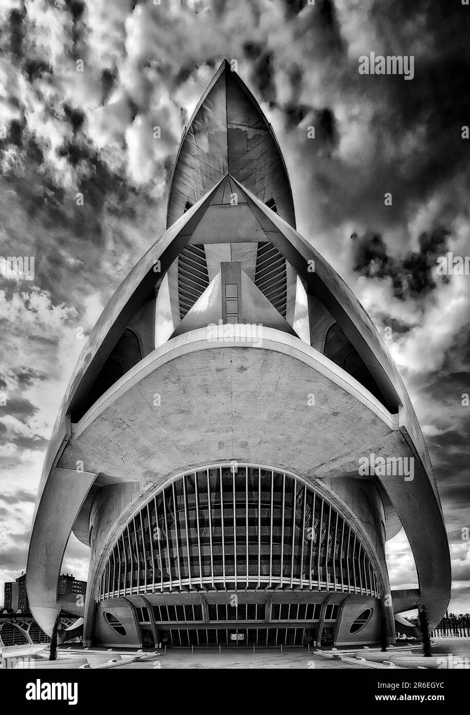 Palau de les Arts Reina Sofia is part of the Ciudad de las Artes y las Ciencias, The architect Santiago Calatrava has built a monument to his Stock Photo