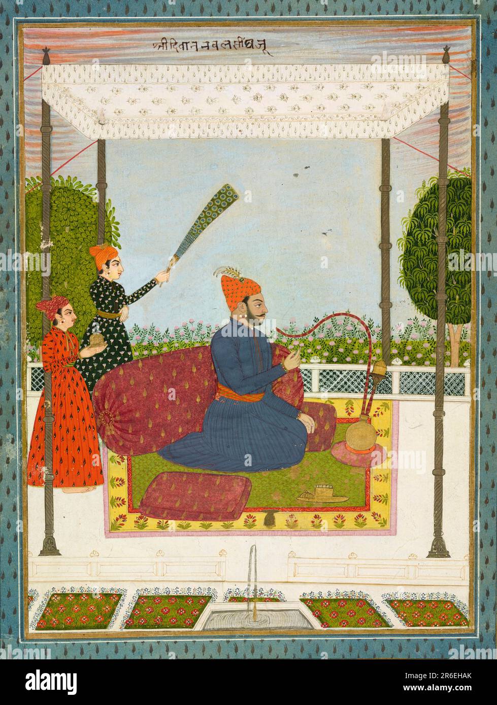 Dressed in an ink blue jama and a rich orange turban with a matching wave-patterned (leheriya) sash (patka), Nawal Singh sits beneath a cool white canopy. An enormous amber-colored bolster with gold leaf-shaped motifs supports him. Suitable to his status, attendants wait on him and one waves a peacock feathered fly-whisk (morchal), a symbol of royalty. Date: ca. 1750. Opaque watercolor and gold on paper. Origin: Datia, Madhya Pradesh state, India. Museum: Freer Gallery of Art and Arthur M. Sackler Gallery. Stock Photo