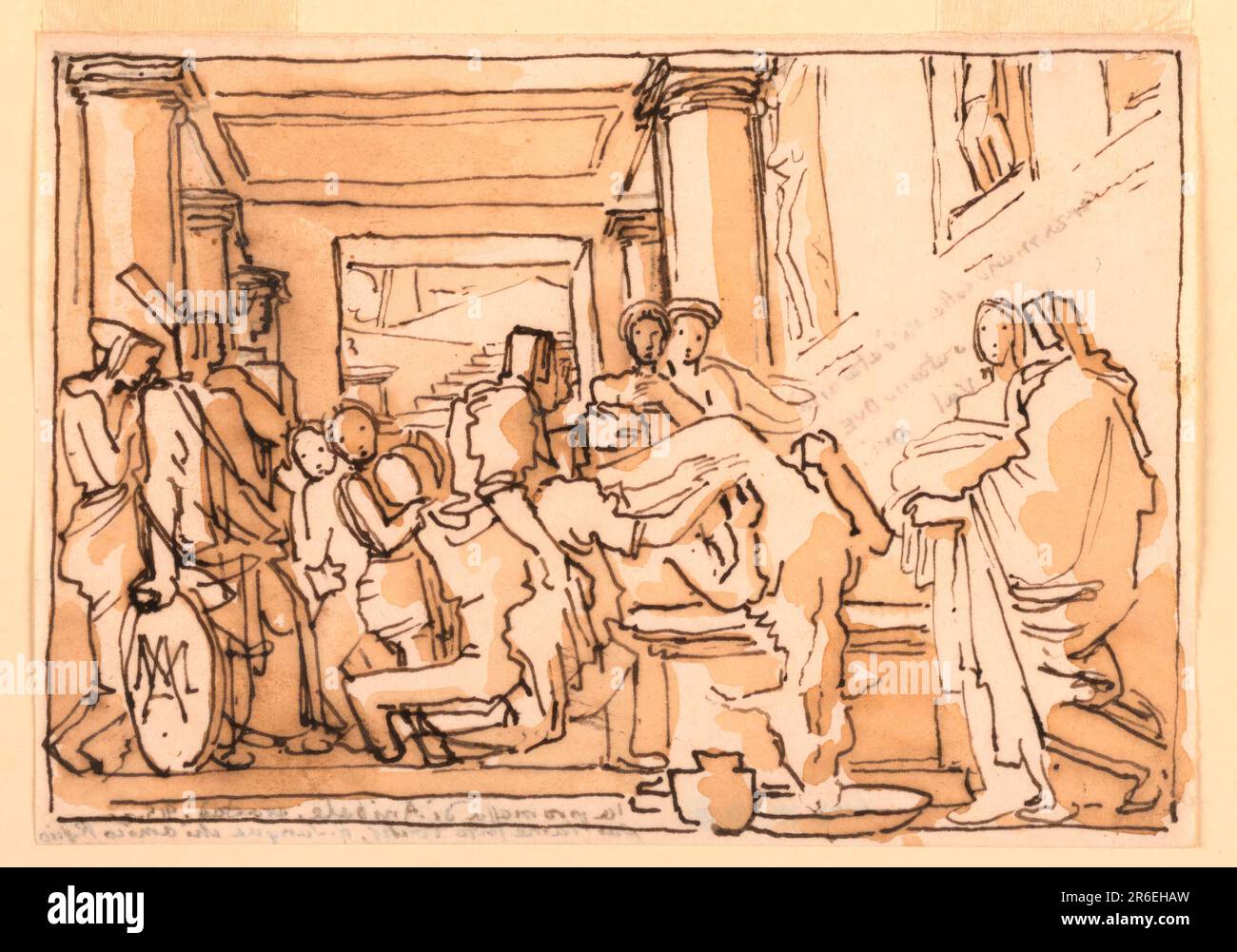 Sketch, Funereal or Deathbed Scene in Classical Interior. Pen and ink, brush and sepia wash on paper. Date: 1820-1850. Museum: Cooper Hewitt, Smithsonian Design Museum. Stock Photo