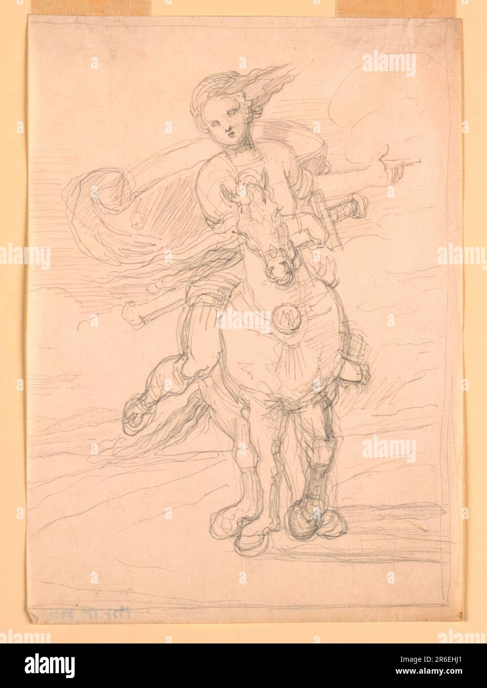 Riding through the country. Seen from the front. Her hair is blowing toward right, her overcoat toward left. Her left hand points to the right, her right supports the sword placed across the neck of the horse. Framing graphite line, except at left. Parts of outline are deeply impressed. Graphite on paper. Date: 1820-1850. Museum: Cooper Hewitt, Smithsonian Design Museum. Stock Photo