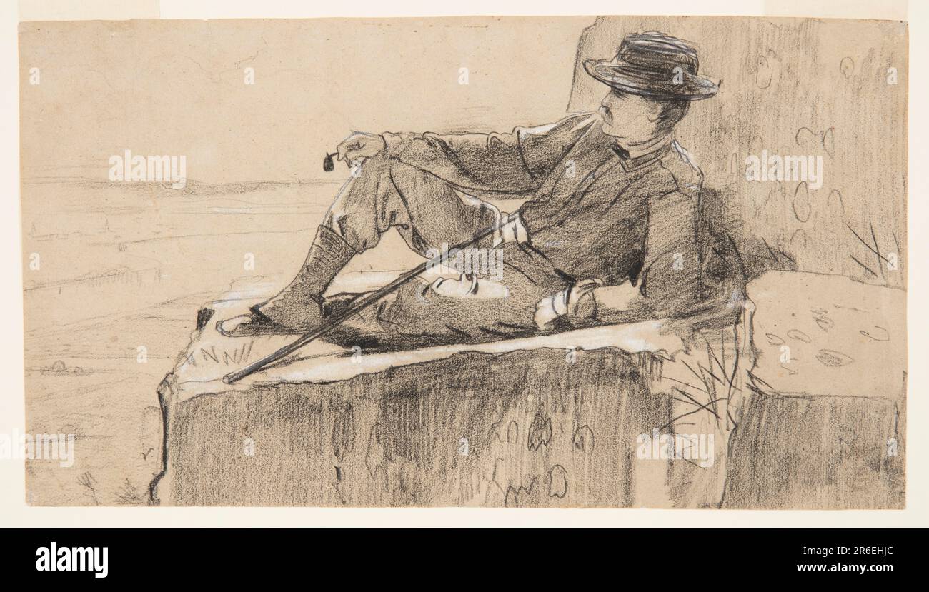 Horizontal view of a mustached man dressed in hiking attire reclining on his left elbow on a flat ledge of rock and holding in his right hand a turned-over pipe, as a walking stick leans across him from right to left, with the prospect of wide river valley in distance behind him. Date: 1868-69. Black and white crayon on brown laid paper, blackened on verso for transfer. Museum: Cooper Hewitt, Smithsonian Design Museum. Stock Photo