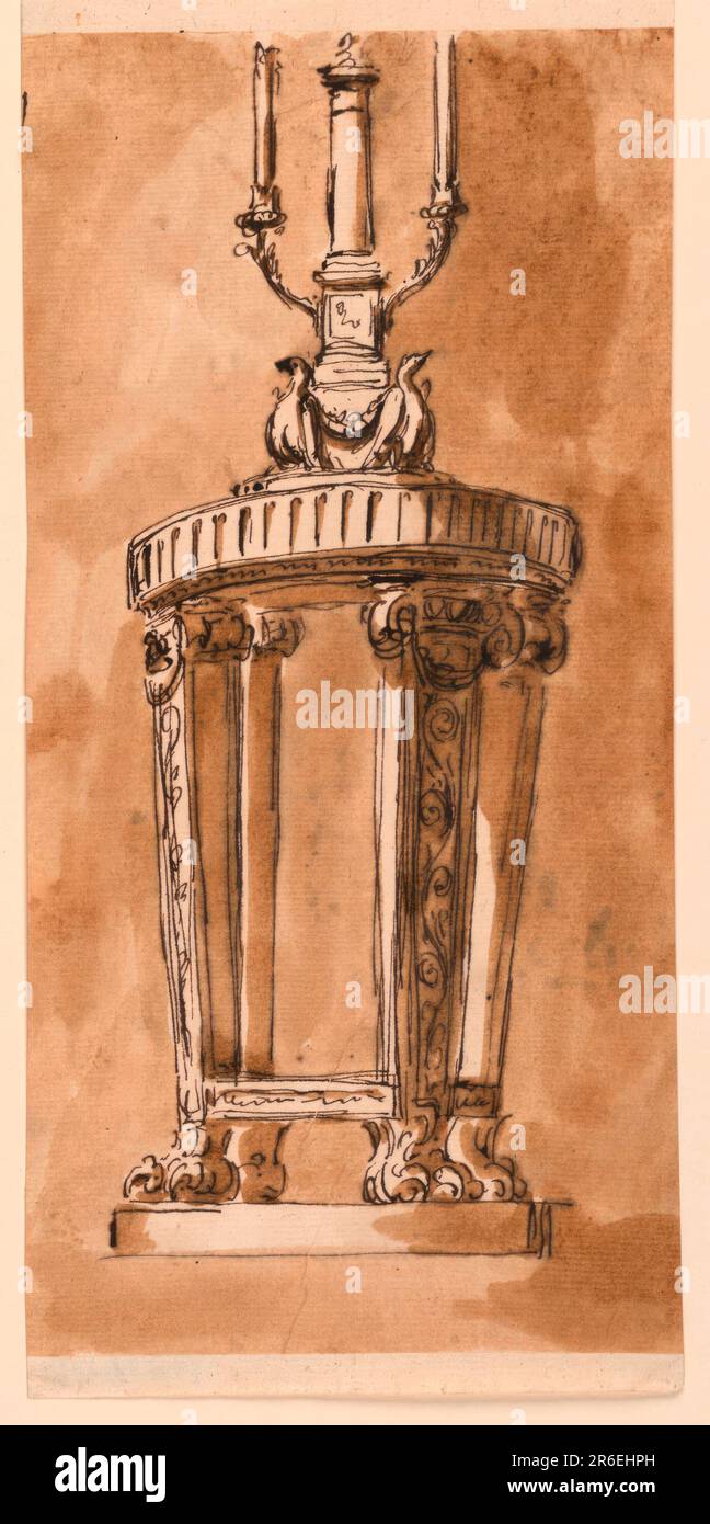 The supports are four legs in the shape of pillars with lion's feet and Ionic capitals. The table frame is fluted. The candlestick has the shape of a monumental column, from the lateral sides of the pedestals of which two branches spring, with candles. Below is another cube-like pedestal, in front of the corners of which eagles stand. The front is decorated with a festoon. Usual background. Date: ca. 1795. Pen and brown ink, brush and brown wash on off-white laid paper, lined. Museum: Cooper Hewitt, Smithsonian Design Museum. Stock Photo