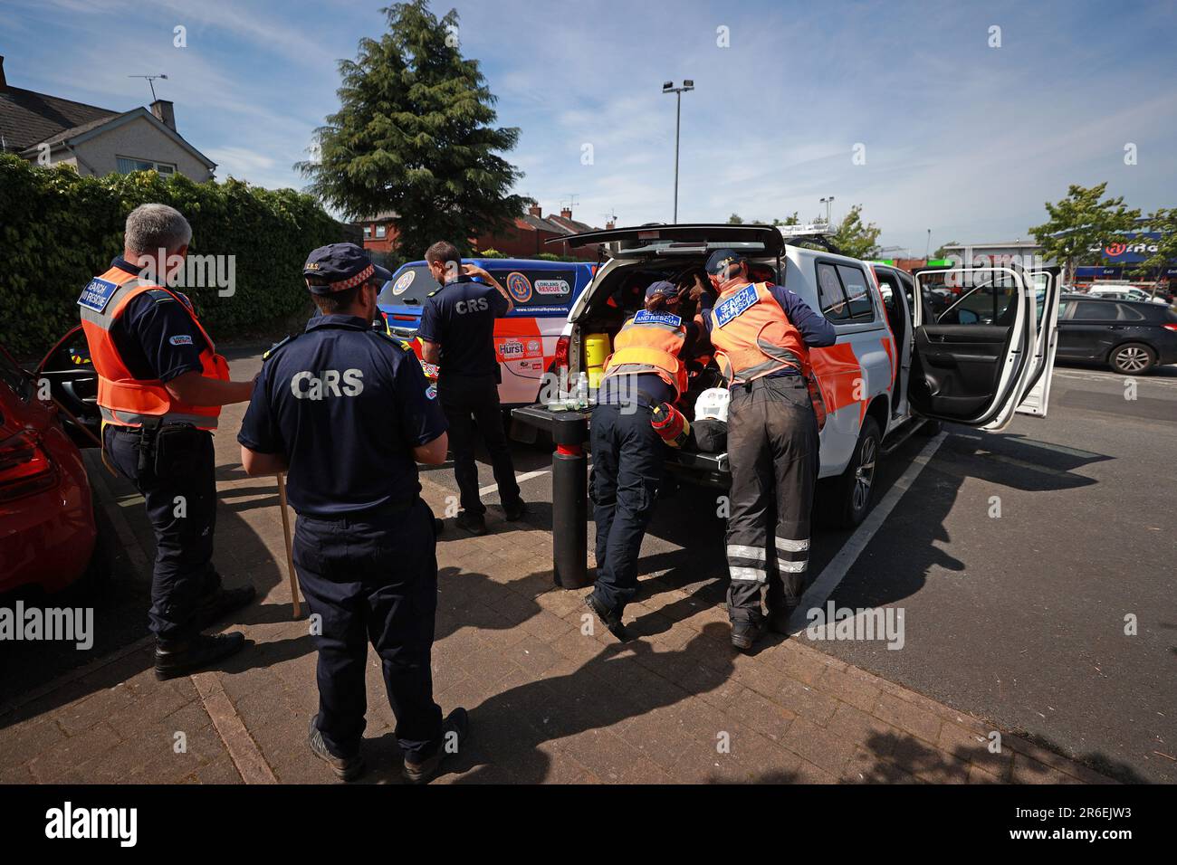 Search and Rescue teams at Braidwater Retail Park in Ballymena as the search has resumed in Co