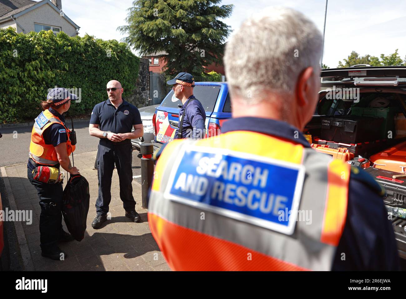 Search and Rescue teams at Braidwater Retail Park in Ballymena as the search has resumed in Co