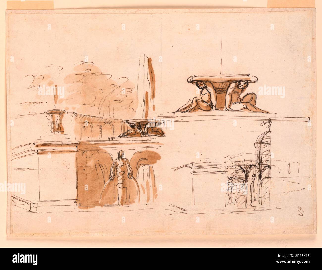At left: the left side of the elevation of a fountain in a park. A dado zone is on a lower level. Water is intended to pour from holes in three niches and from jars which two figures hold in their hands standing in front of the intervals. upon the flanked pilasters stand small fountains on the upper level. In its center is a fountain, the upper basin of which is carried by seated Atlantes. A semicircular lattice collonade and trees are in the background. A detail view of the central fountain is above at right. Below at right is a very rough pen sketch of the left half of the elevation of anoth Stock Photo