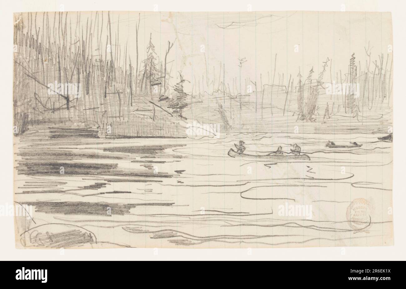 Sketch of canoes on a lake with trees in the distance. Graphite on paper. Date: 1897. Museum: Cooper Hewitt, Smithsonian Design Museum. Stock Photo
