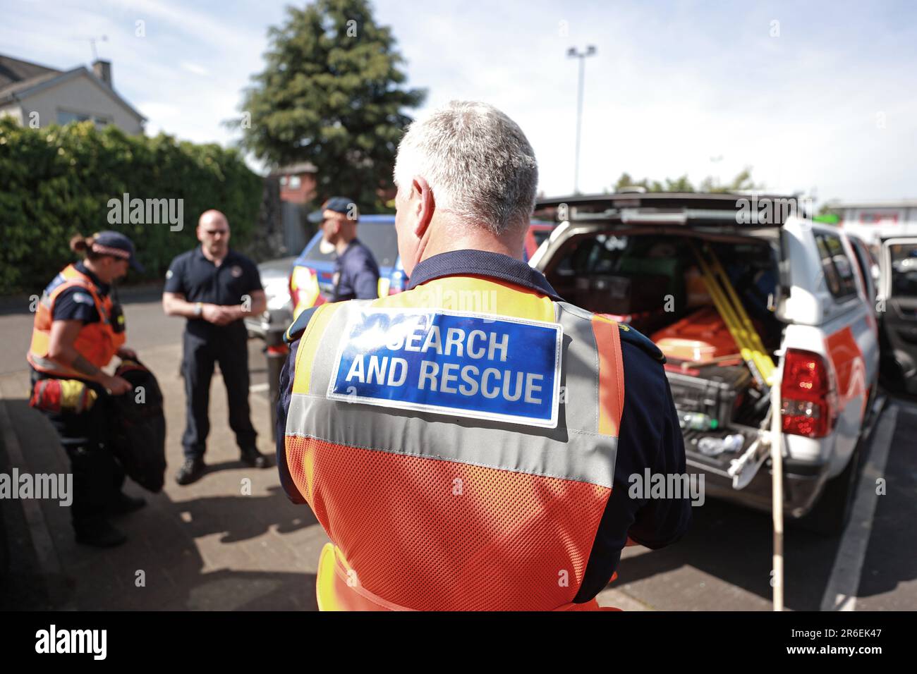 Search and Rescue teams at Braidwater Retail Park in Ballymena as the search has resumed in Co