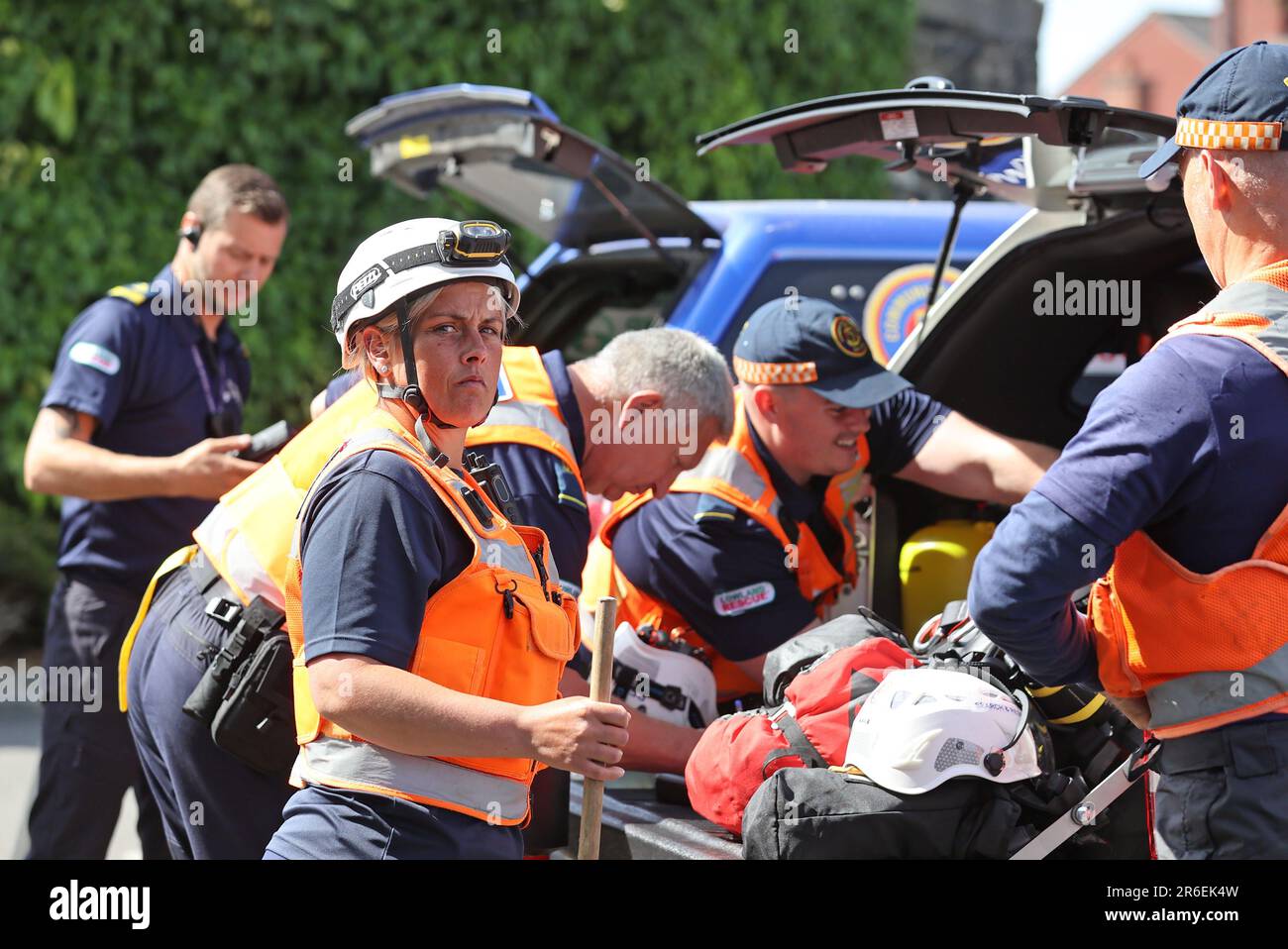Search and Rescue teams at Braidwater Retail Park in Ballymena as the search has resumed in Co