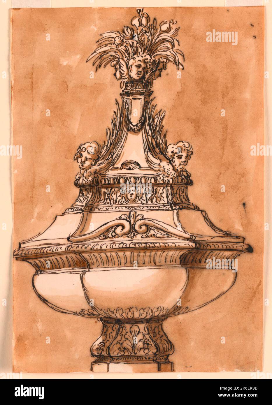 The shaft is similar to -1411, the bowl to -1406. The lid has below a base with two zones, the lower one being undecorated, except with a broken pediment at the front. Upon the base stands a pyramid-like, curved pedestal with, ton top, a bunch of lilies and cherubim. Below the oblique sides are cherubim and palm branches. Usual background. Date: ca. 1775. Pen and brown ink, brush and brown wash on lined off-white laid paper. Museum: Cooper Hewitt, Smithsonian Design Museum. Stock Photo