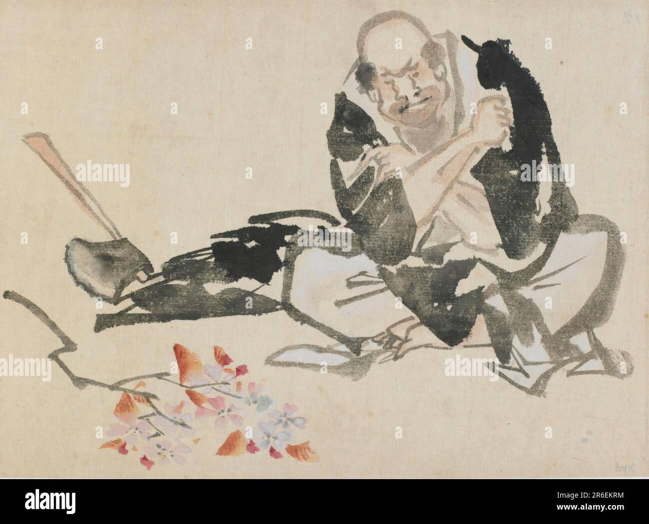 Buddhist allegory of a priest burning cherry branches. Origin: Japan. Period: Edo period. Date: 1760-1849. Ink and color on paper. Museum: Freer Gallery of Art and Arthur M. Sackler Gallery. Stock Photo